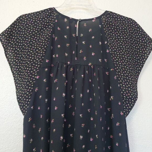 Gap Womens Top Black Pink Floral Short Flutter Sleeve Chiffon Blouse Boho Size L - Picture 10 of 16